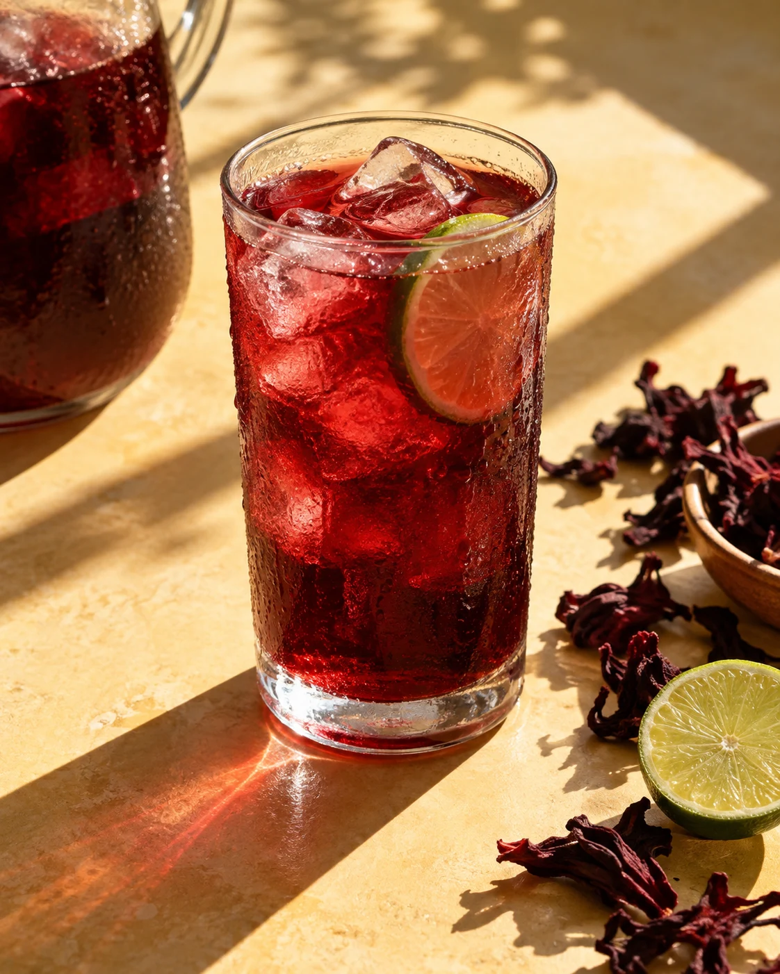 Illustrative glass of ruby-red hibiscus agua fresca with ice and lime