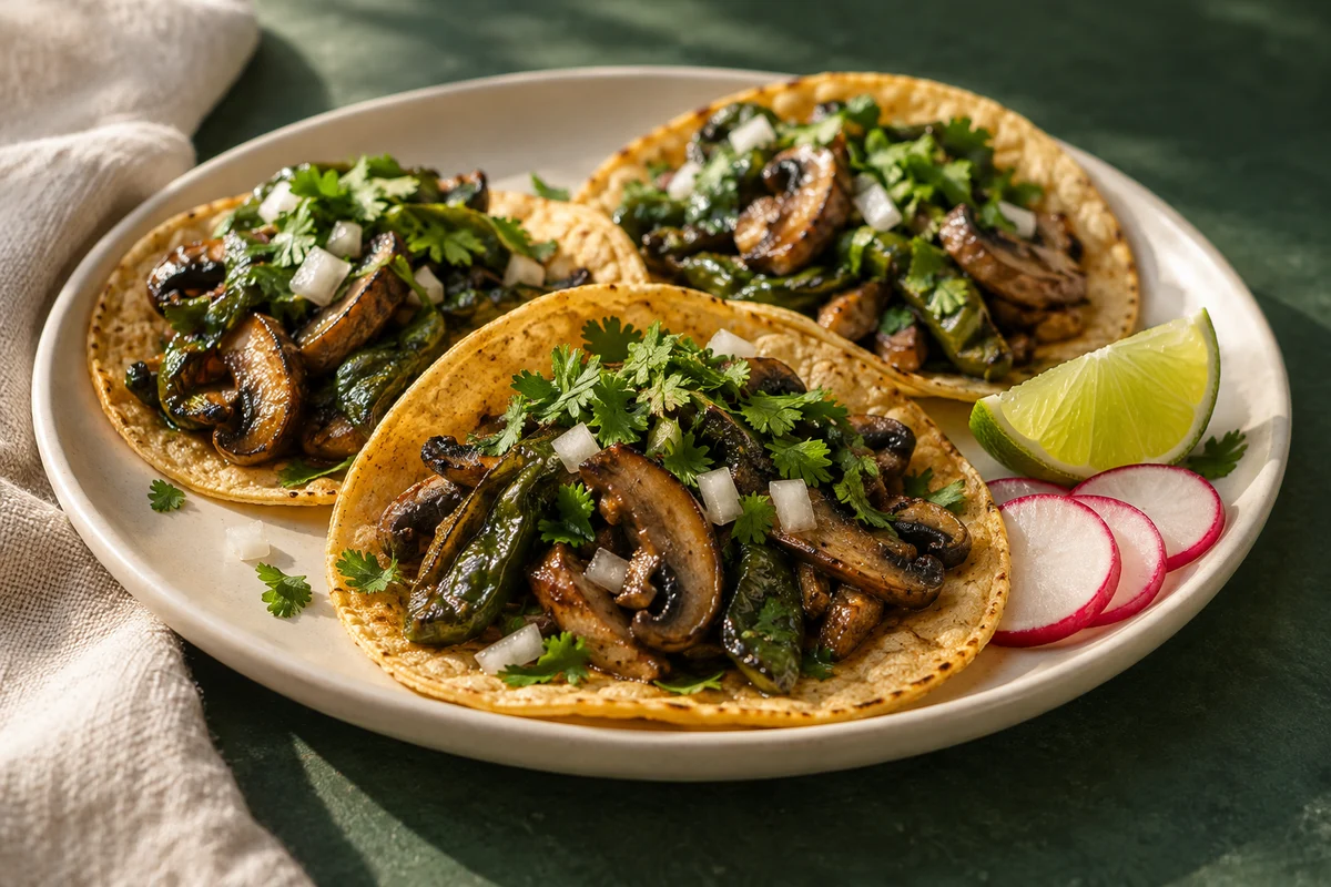 Illustrative veggie tacos with mushrooms, peppers and fresh toppings; final fillings to be confirmed